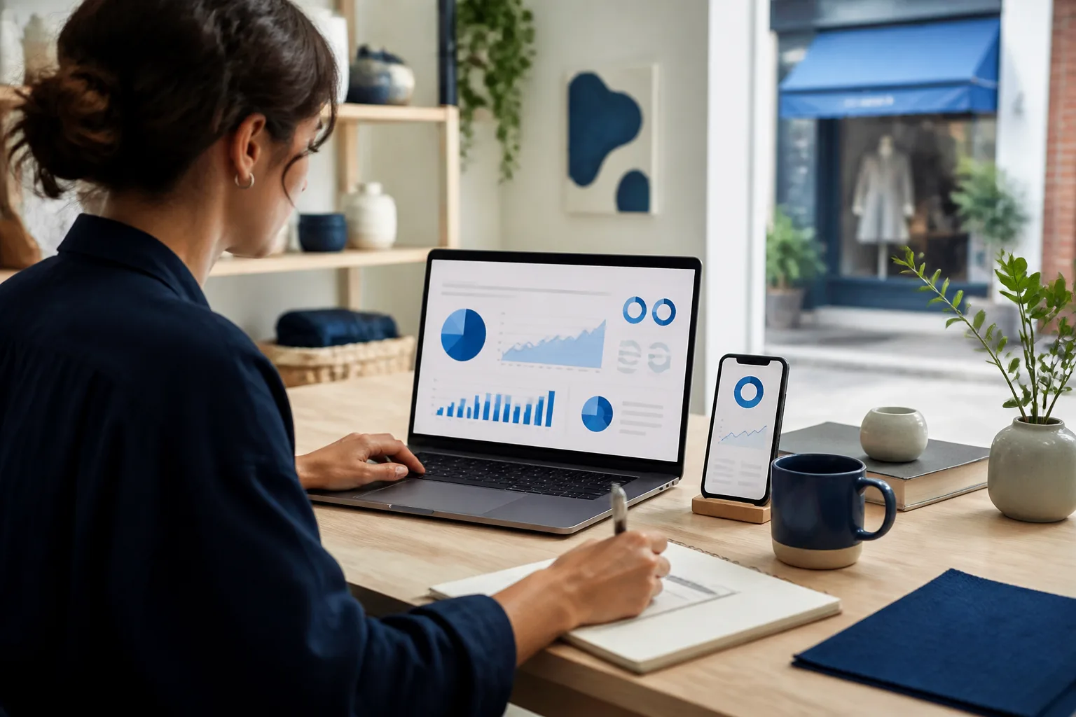 Small-business owner planning customer growth with laptop analytics and smartphone