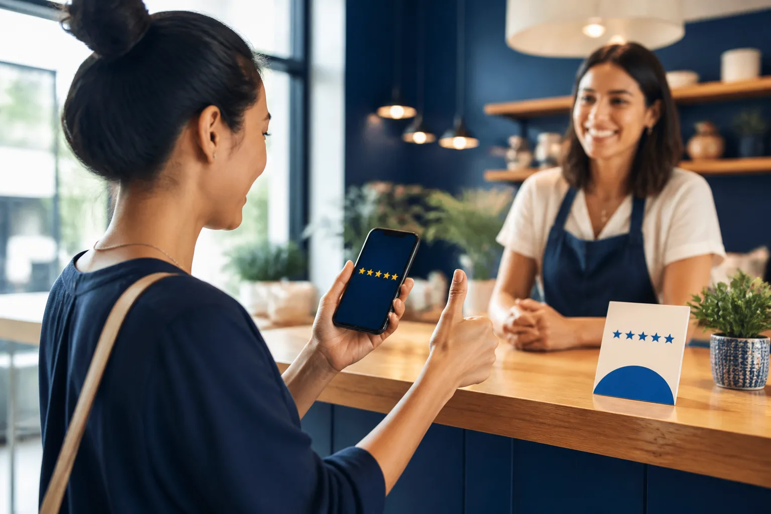Customer sharing a five-star review at a local business counter