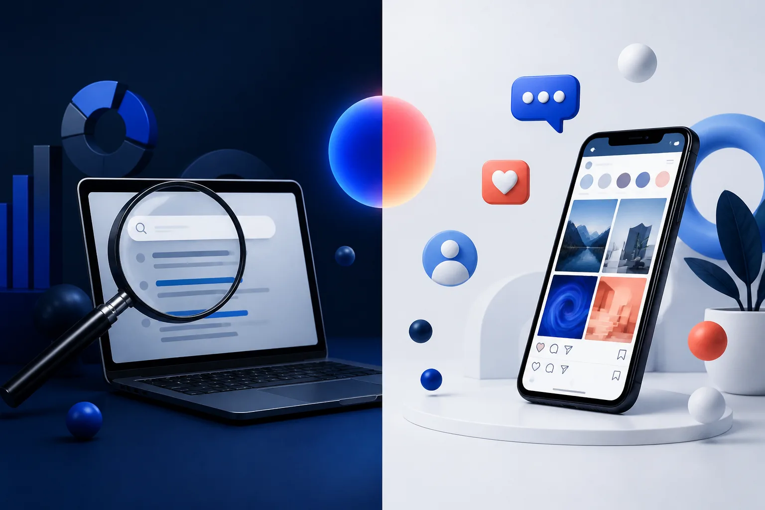Split visual comparing search intent on a laptop with social discovery on a smartphone