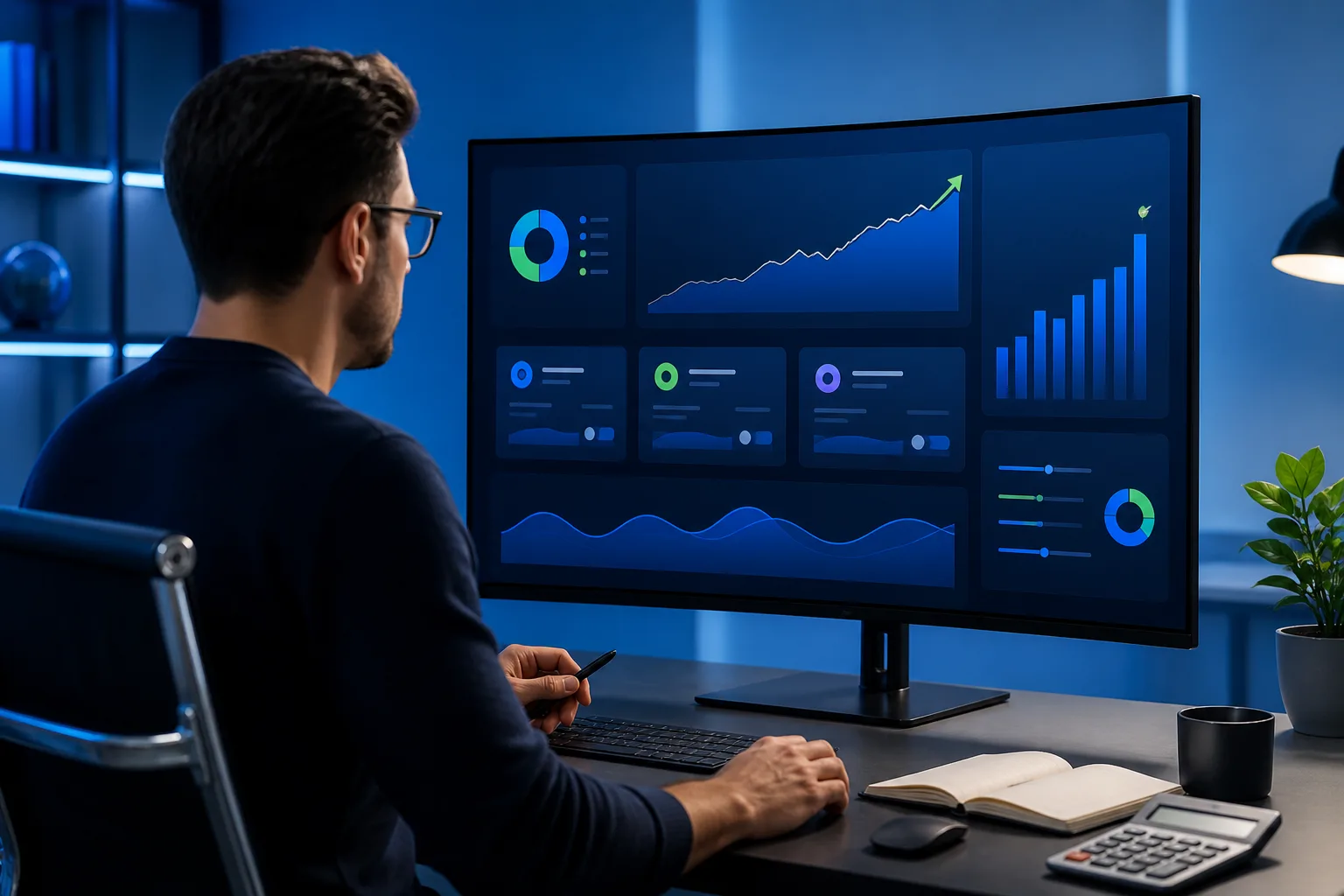 Marketing analyst reviewing an upward campaign performance dashboard