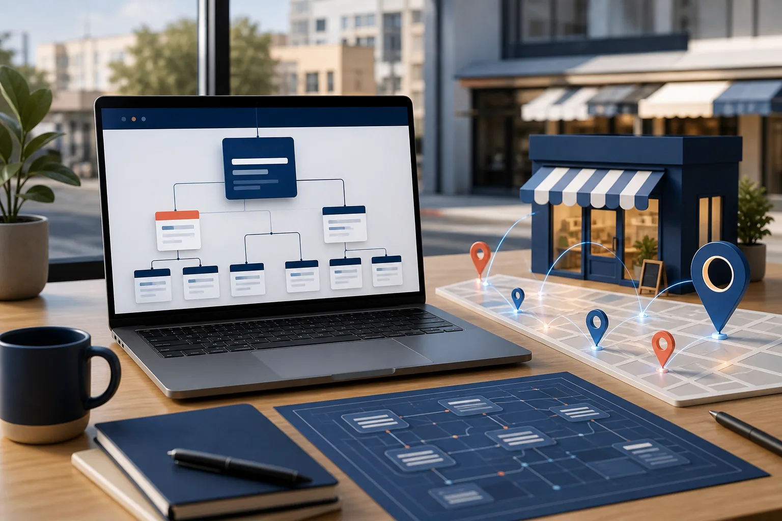 Laptop showing website structure beside local business map pins and storefront