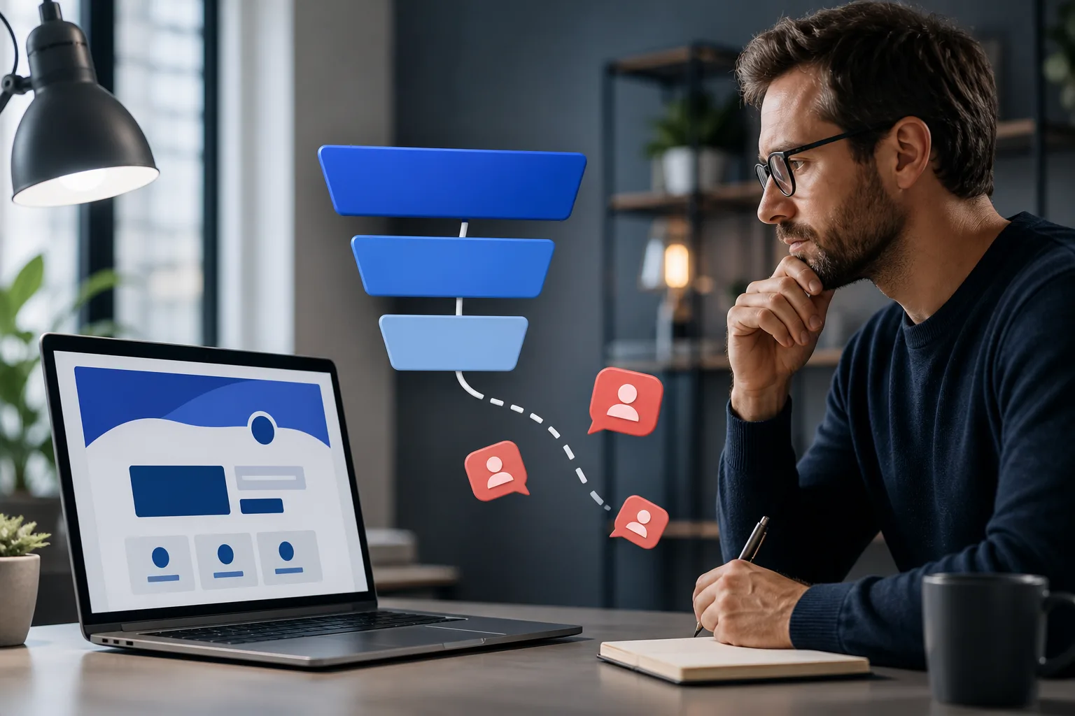 Business owner reviewing a website funnel with visitors dropping before contact
